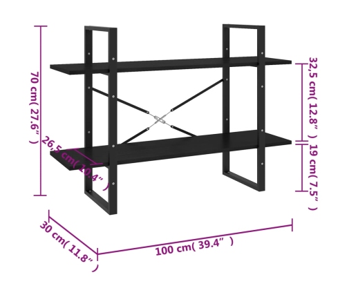 vidaXL 2-līmeņu grāmatu plaukts, melns, 100x30x70 cm, priedes koks