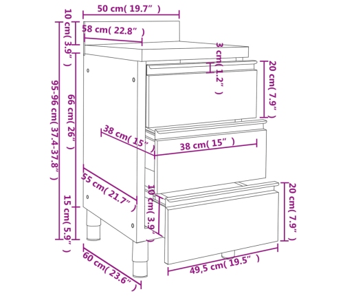 vidaXL virtuves skapītis ar 3 atvilktnēm, nerūsējošs tērauds