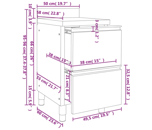 vidaXL virtuves skapīši ar 2 atvilktnēm, 2 gab., nerūsējošs tērauds