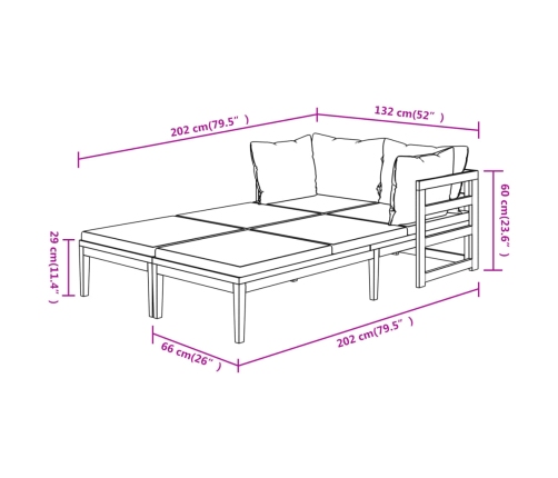 vidaXL sauļošanās zviļņi ar krēmbaltiem matračiem, 2 gab., akācija