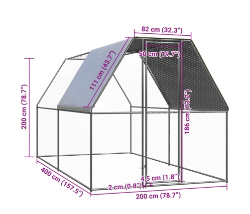 vidaXL vistu būris, 2x4x2 m, cinkots tērauds