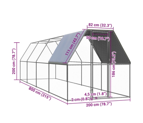 vidaXL vistu būris, 2x8x2 m, cinkots tērauds