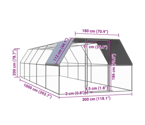 vidaXL vistu būris, 3x10x2 m, cinkots tērauds