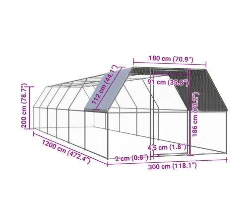 vidaXL vistu būris, 3x12x2 m, cinkots tērauds