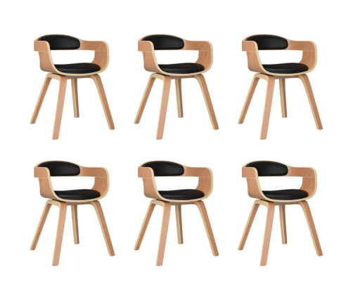 vidaXL virtuves krēsli, 6 gab., liekts koks un melna mākslīgā āda