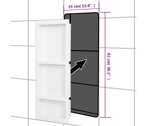 vidaXL dušas nišas plaukts, 3 nodalījumi, matēti balts, 41x99x9 cm