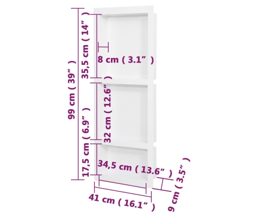 vidaXL dušas nišas plaukts, 3 nodalījumi, matēti balts, 41x99x9 cm