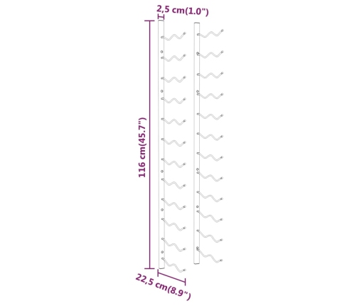 vidaXL sienas vīna pudeļu plaukts 24 pudelēm, balts, dzelzs