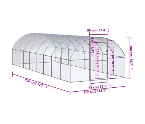 vidaXL vistu būris, 3x8x2 m, cinkots tērauds