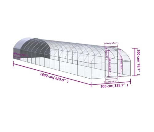 vidaXL vistu būris, 3x16x2 m, cinkots tērauds