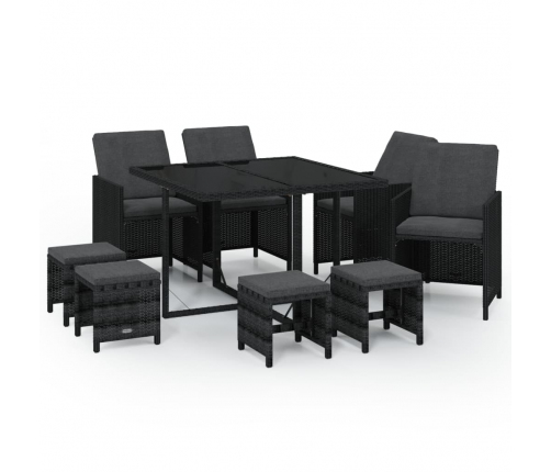 vidaXL 9-daļīgs dārza mēbeļu komplekts, matrači, melns, PE rotangpalma