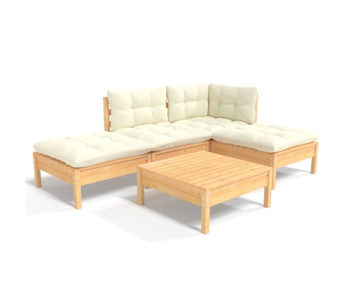 vidaXL 5-daļīgs dārza mēbeļu komplekts ar krēmkrāsas matračiem, priede