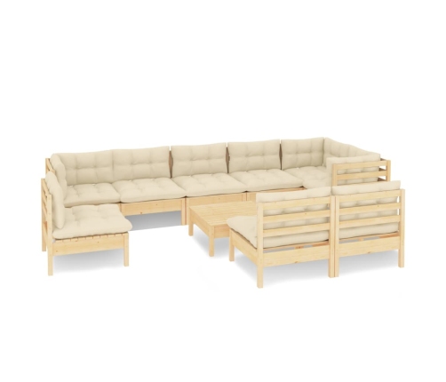 vidaXL 10-daļīgs dārza mēbeļu komplekts ar krēmkrāsas matračiem, koks