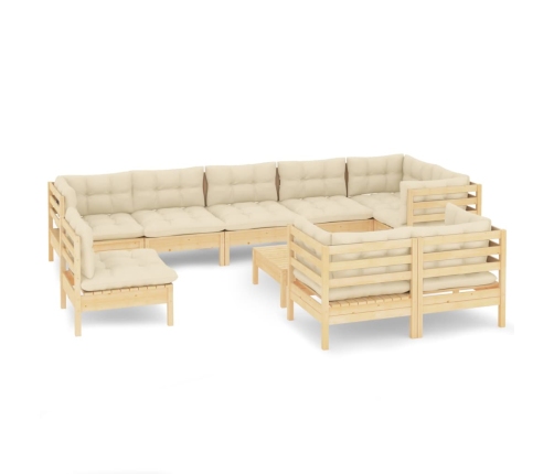 vidaXL 10-daļīgs dārza mēbeļu komplekts ar krēmkrāsas matračiem, koks