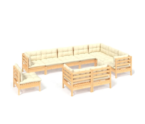 vidaXL 10-daļīgs dārza mēbeļu komplekts ar krēmkrāsas matračiem, koks