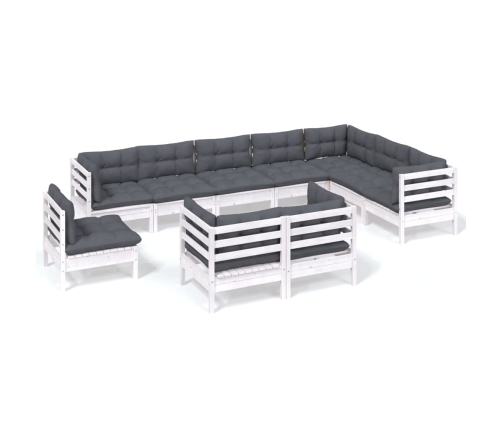 vidaXL 10-daļīgs dārza mēbeļu komplekts ar matračiem, balta priede