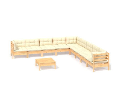 vidaXL 10-daļīgs dārza mēbeļu komplekts ar krēmkrāsas matračiem, koks