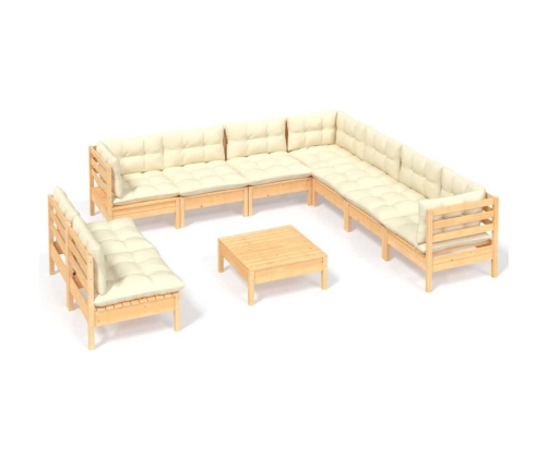 vidaXL 10-daļīgs dārza mēbeļu komplekts ar krēmkrāsas matračiem, koks