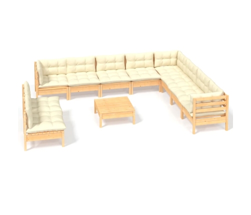 vidaXL 11-daļīgs dārza mēbeļu komplekts ar krēmkrāsas matračiem, koks