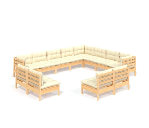 vidaXL 12-daļīgs dārza mēbeļu komplekts ar krēmkrāsas matračiem, koks