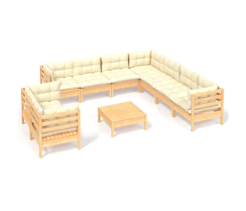 vidaXL 10-daļīgs dārza mēbeļu komplekts ar krēmkrāsas matračiem, koks