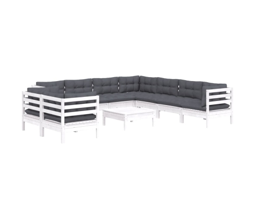 vidaXL 10-daļīgs dārza mēbeļu komplekts ar matračiem, balta priede