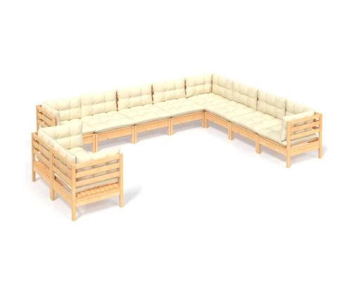 vidaXL 10-daļīgs dārza mēbeļu komplekts ar krēmkrāsas matračiem, koks