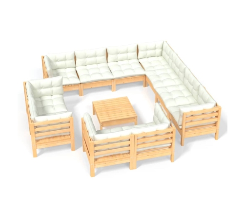 vidaXL 12-daļīgs dārza mēbeļu komplekts ar krēmkrāsas matračiem, koks