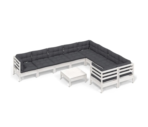 vidaXL 10-daļīgs dārza mēbeļu komplekts ar matračiem, balta priede