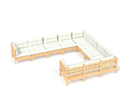 vidaXL 10-daļīgs dārza mēbeļu komplekts ar krēmkrāsas matračiem, koks