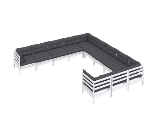 vidaXL 11-daļīgs dārza mēbeļu komplekts ar matračiem, balta priede