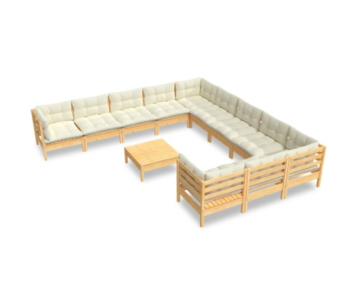 vidaXL 12-daļīgs dārza mēbeļu komplekts ar krēmkrāsas matračiem, koks