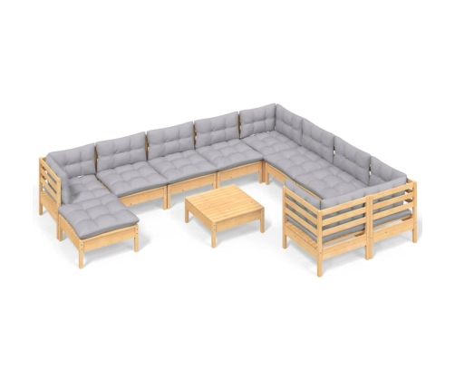 11-Daļīgs Dārza Mēbeļu Komplekts Ar Pelēkiem Matračiem, Priede Vidaxl