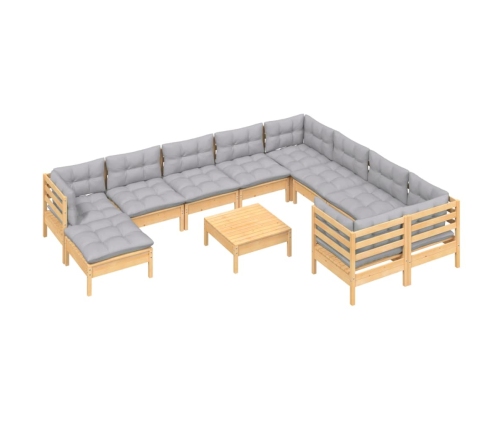 11-Daļīgs Dārza Mēbeļu Komplekts Ar Pelēkiem Matračiem, Priede Vidaxl