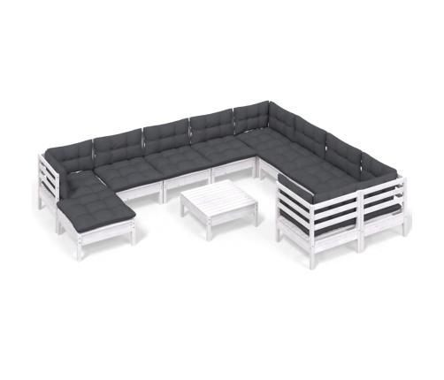 vidaXL 11-daļīgs dārza mēbeļu komplekts ar matračiem, balta priede