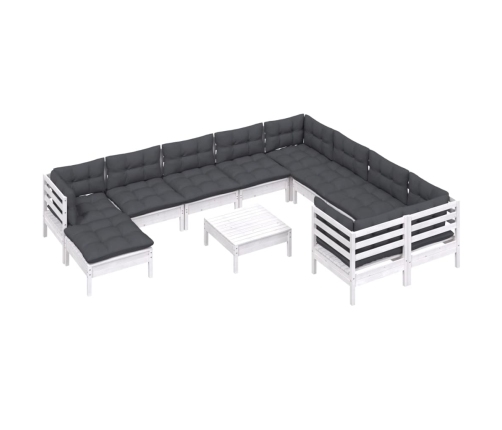 vidaXL 11-daļīgs dārza mēbeļu komplekts ar matračiem, balta priede