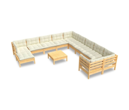 vidaXL 12-daļīgs dārza mēbeļu komplekts ar krēmkrāsas matračiem, koks