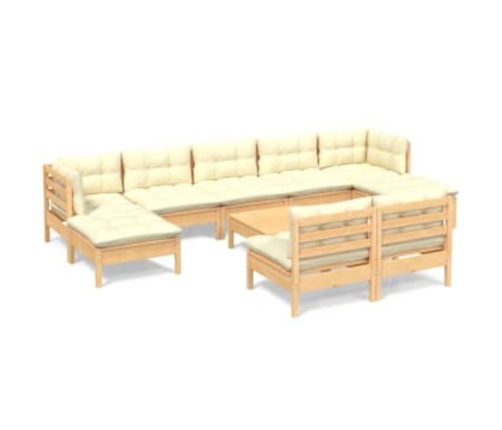 vidaXL 10-daļīgs dārza mēbeļu komplekts ar krēmkrāsas matračiem, koks