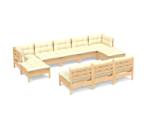 vidaXL 10-daļīgs dārza mēbeļu komplekts ar krēmkrāsas matračiem, koks