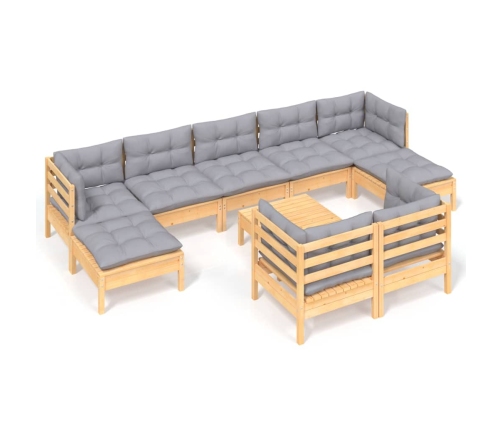 vidaXL 10-daļīgs dārza mēbeļu komplekts ar pelēkiem matračiem, priede