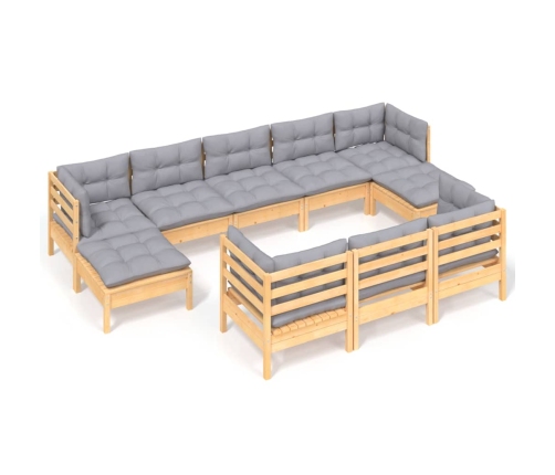 10-Daļīgs Dārza Mēbeļu Komplekts Ar Pelēkiem Matračiem, Priede Vidaxl