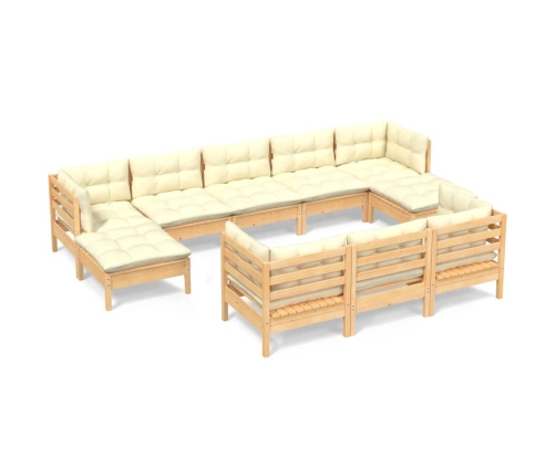 vidaXL 10-daļīgs dārza mēbeļu komplekts ar krēmkrāsas matračiem, koks