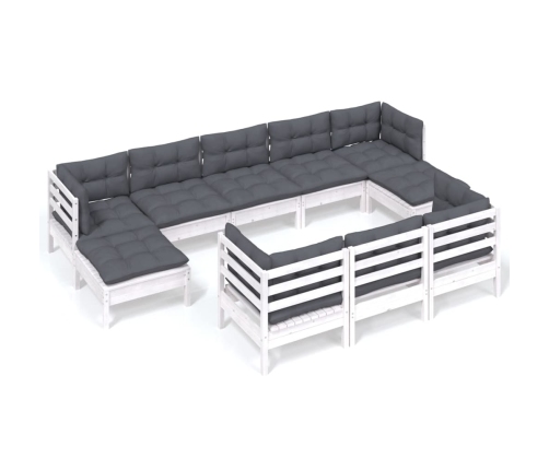 vidaXL 10-daļīgs dārza mēbeļu komplekts ar matračiem, balta priede