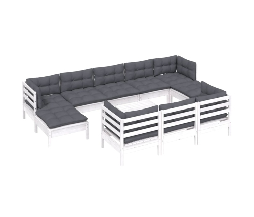 vidaXL 11-daļīgs dārza mēbeļu komplekts ar matračiem, balta priede