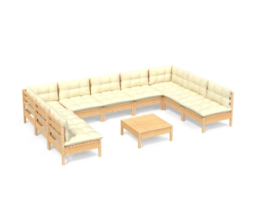 vidaXL 10-daļīgs dārza mēbeļu komplekts ar krēmkrāsas matračiem, koks