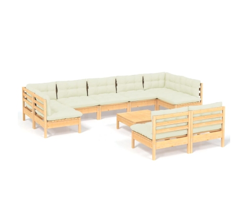 vidaXL 10-daļīgs dārza mēbeļu komplekts ar krēmkrāsas matračiem, koks