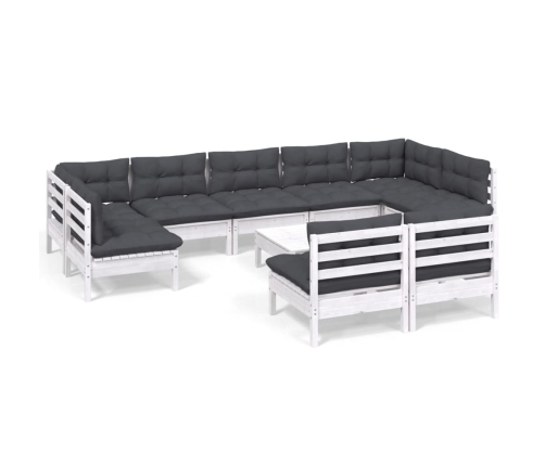 vidaXL 10-daļīgs dārza mēbeļu komplekts ar matračiem, balta priede