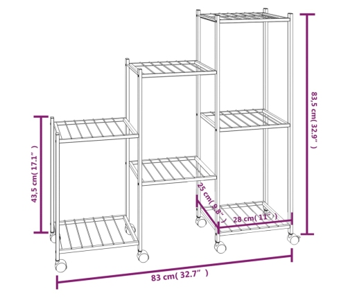 vidaXL puķu statīvs ar riteņiem, 83x25x83,5 cm, melns, dzelzs
