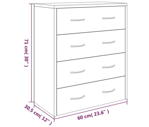 vidaXL kumode ar 4 atvilktnēm, 60x30,5x71 cm, pelēka