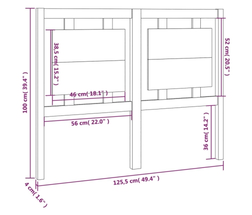 vidaXL gultas galvgalis, pelēks, 125,5x4x100 cm, priedes masīvkoks